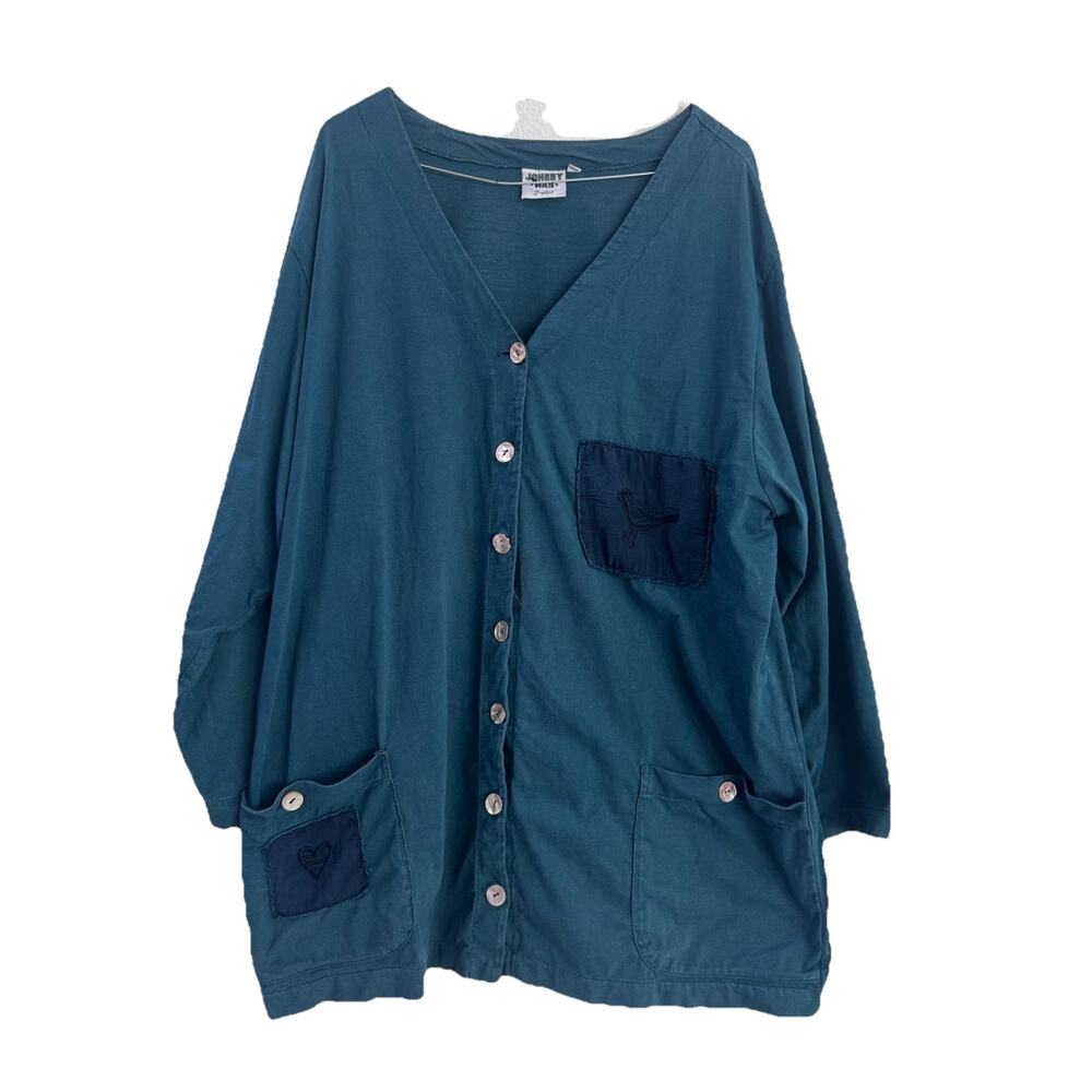 Johnny Was Green Pearl Button Patchwork Bird Cardigan Shirt 1X Grandmacore Artsy